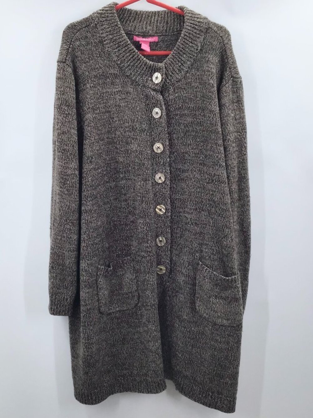 Women's 4X Cardigan Sweater Tunic Length Marled Brown Chunky Pockets Lagenlook
